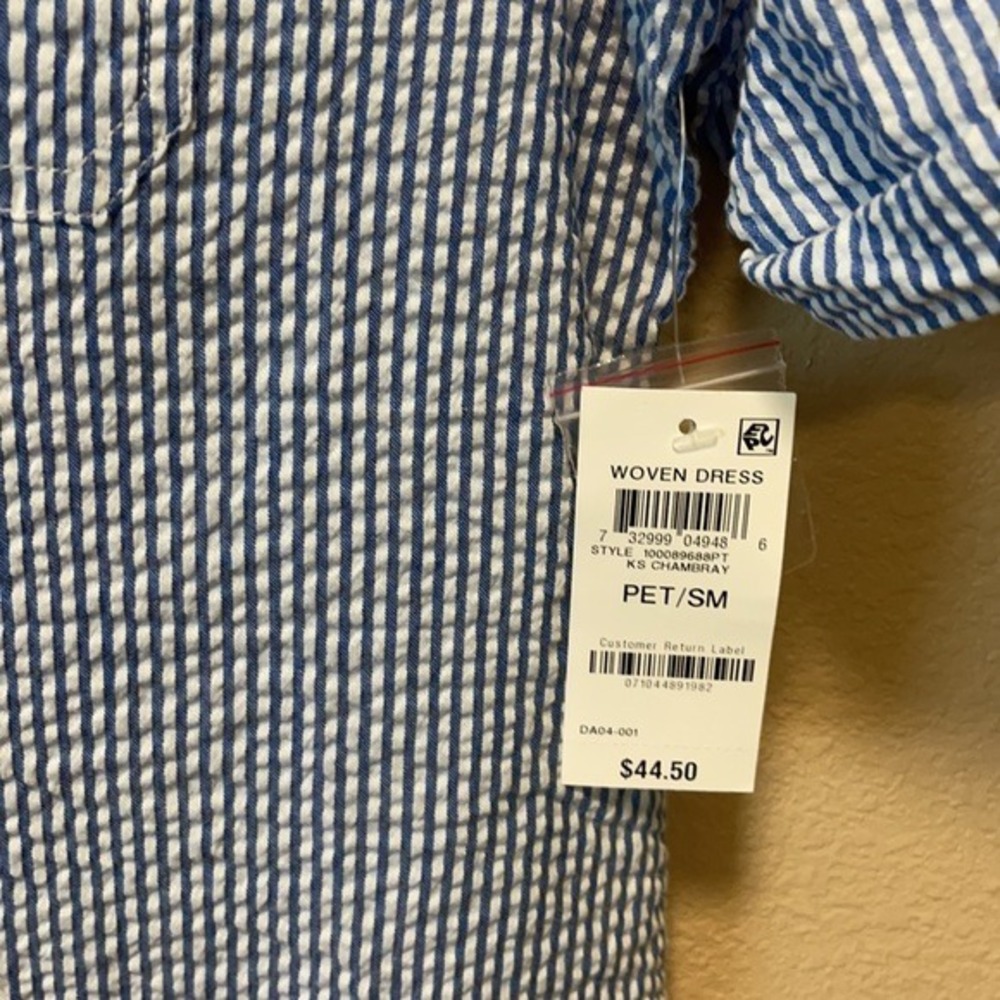 Karen Scott Dress Womens PS woven Seersucker Blue White Stripe Short Sleeve Mini - Picture 7 of 9
